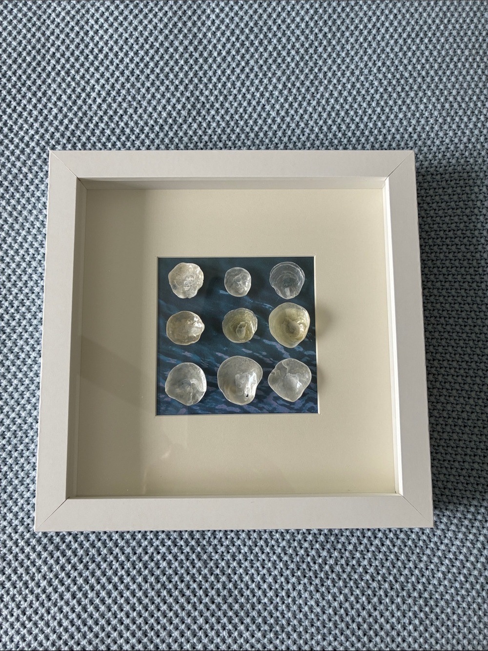 Framed Sea Glass Art - White Frame with Blue Background